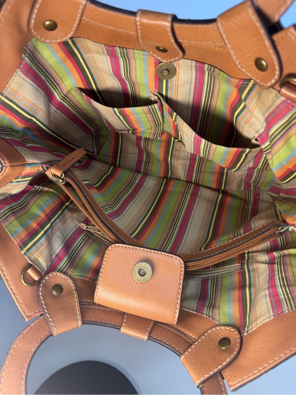 Fossil Tan Straw Tote with Brown Leather Trim and Multicolor Embroidery - Picture 6 of 16
